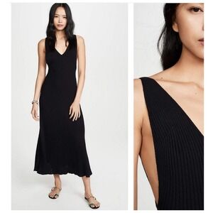 Free People Sweet as Honey Black Ribbed Knit V-Neck Sleeveless Midi Dress  Sz L